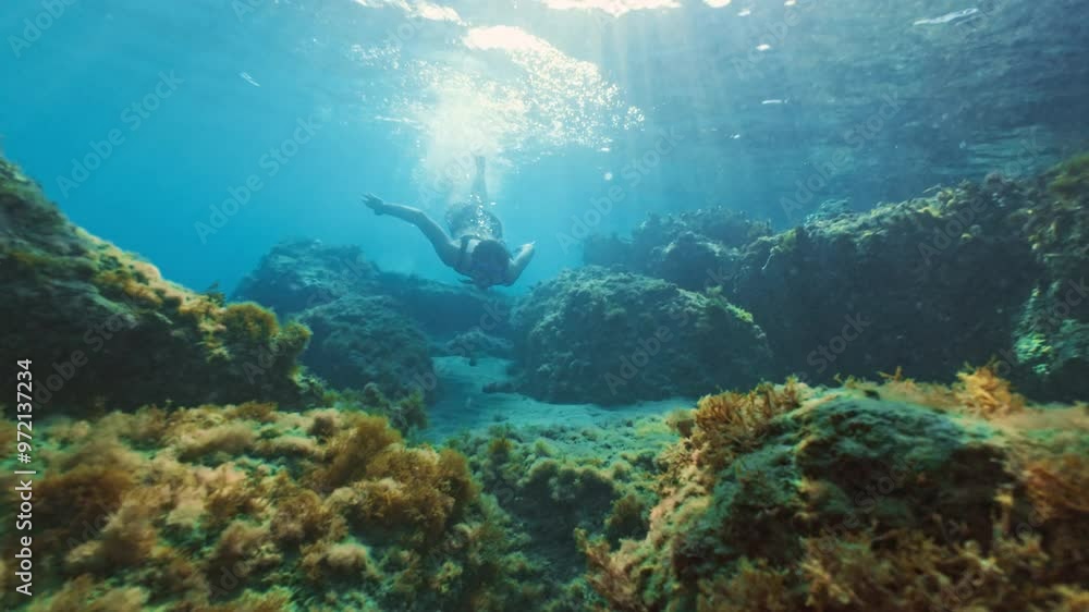 Attractive Woman Snorkeling and Swimming in the Ocean Between Colorful Coral Reefs Experiencing Exciting Outdoor Tourism and Relaxing Vacation. High quality 4k footage Attractive Woman Snorkeling and Swimming in the Ocean Between Colorful Coral Reefs Experiencing Exciting Outdoor Tourism and Relaxing Vacation. High quality 4k footage