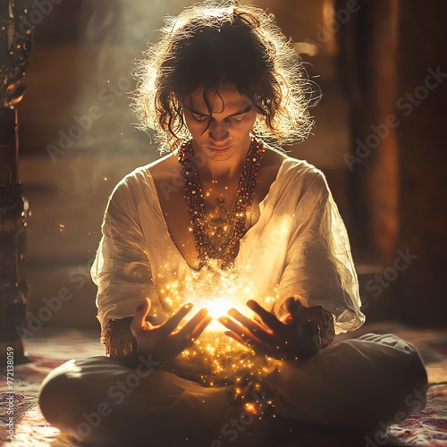 A healer performing a sacred rite for spiritual cleansing, enveloped in soft light focus on, sacred practices theme, vibrant, Fusion, ancient temple