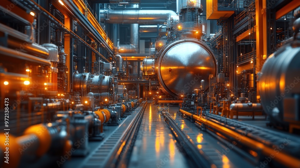 Industrial facility with pipes and tanks, showcasing machinery. Industrial facility with pipes and tanks, showcasing machinery.