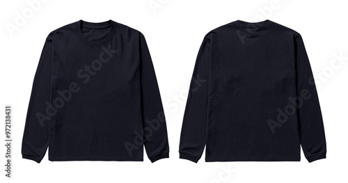 Blank black long sleeve shirt mockup isolated on white background, front and back views, for fashion branding, design, and marketing.