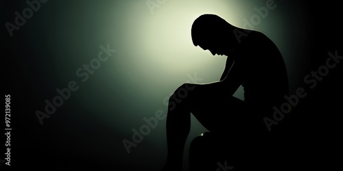 Silhouette of a man sitting alone in the dark, head in hands.