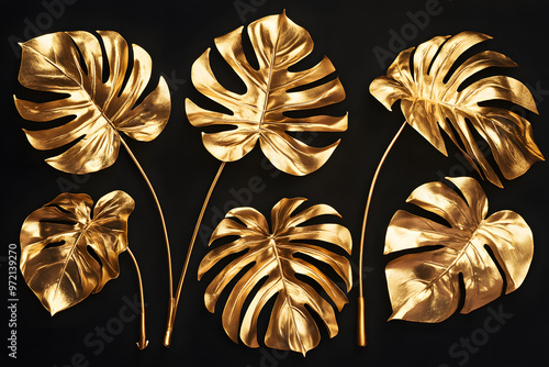 Set of golden tropical monstera leaves isolated on black background photo