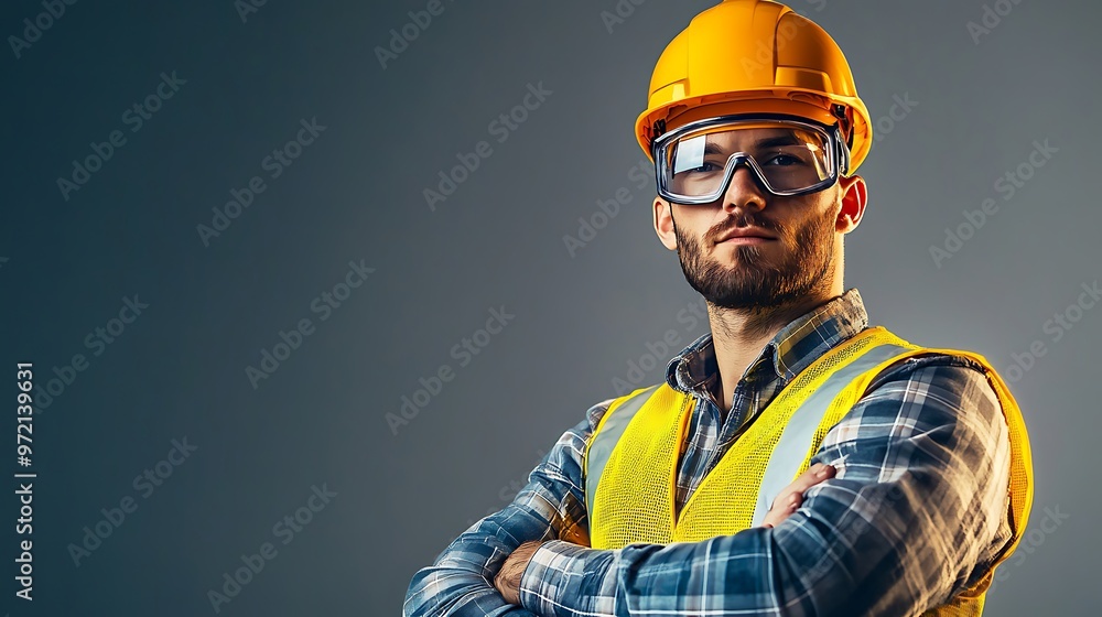 A construction worker wearing a yellow hard hat, safety goggles, and reflective vest, standing confidently with arms crossed. The background is isolated, leaving ample space on the right for A construction worker wearing a yellow hard hat, safety goggles, and reflective vest, standing confidently with arms crossed. The background is isolated, leaving ample space on the right for