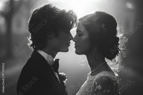 Young couple in love sharing an intimate moment during a wedding celebration outdoors, BW