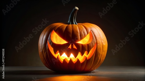 A twisted grin spreads across the pumpkin's curved surface, eyes glowing with an otherworldly light, as if it's photo