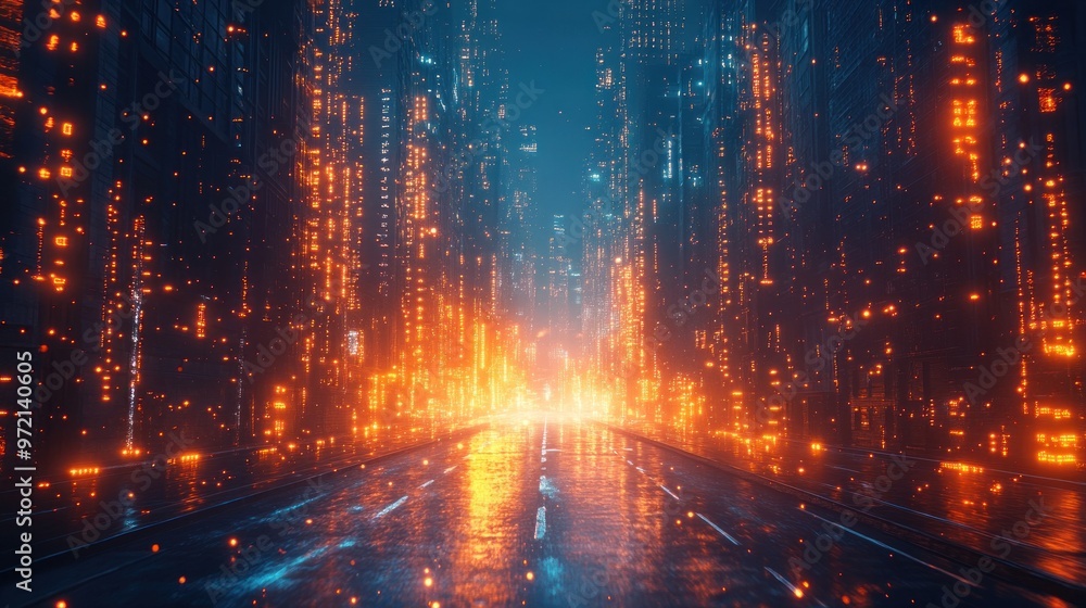 Futuristic cityscape with glowing lights and reflective surfaces. Futuristic cityscape with glowing lights and reflective surfaces.