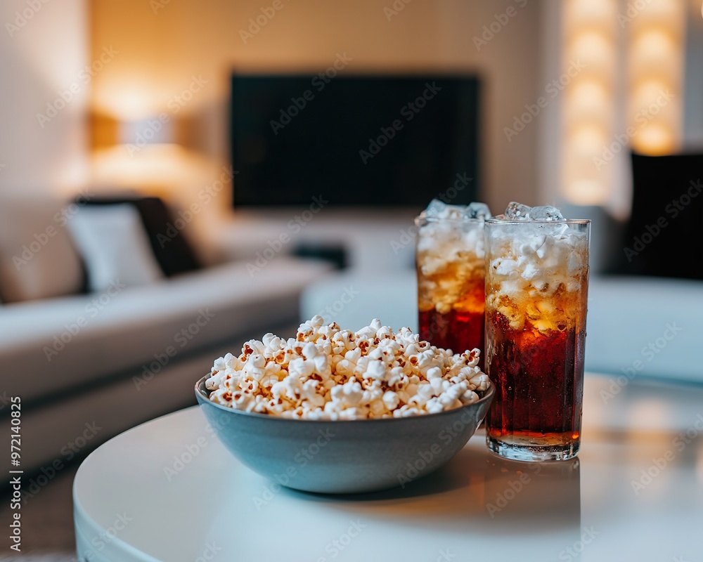 A bowl of popcorn and two glasses of soda sit on a table in a living room A bowl of popcorn and two glasses of soda sit on a table in a living room