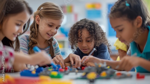 Four young girls are working together on a building project, using colorful blocks and tools.