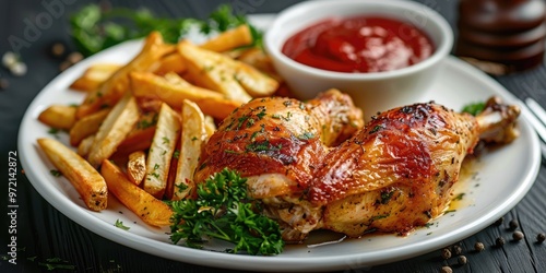 Grilled chicken leg and fries presented on a light-colored plate atop a dark wooden surface.