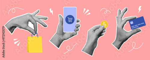 Online shopping concept. Collage design with hands holding smartphone, paper bag, credit card and money. 