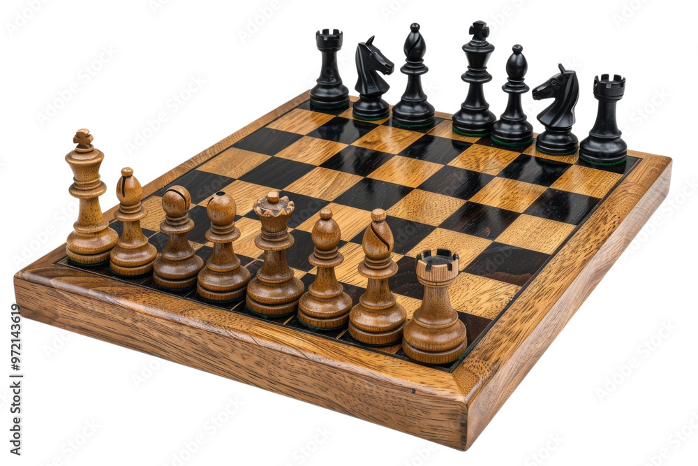 A beautifully crafted wooden chessboard featuring black and brown pieces ready for an intense game of strategy. A beautifully crafted wooden chessboard featuring black and brown pieces ready for an intense game of strategy.