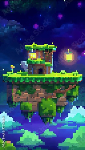 Floating platform at night pixel art background. 8-bit game assets