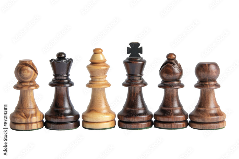 A collection of elegant wooden chess pieces, showcasing various designs on a white background. A collection of elegant wooden chess pieces, showcasing various designs on a white background.