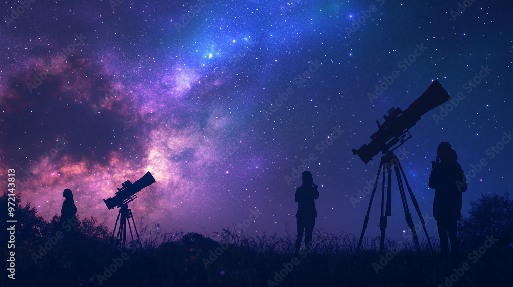 Night sky filled with stars and planets, silhouettes of people stargazing with telescopes in an open field, cool tones of blues and purples, glowing celestial bodies, vast and awe-inspiring atmosphere Night sky filled with stars and planets, silhouettes of people stargazing with telescopes in an open field, cool tones of blues and purples, glowing celestial bodies, vast and awe-inspiring atmosphere