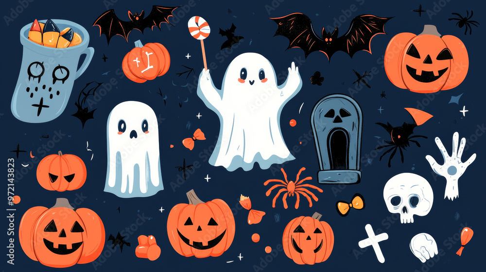 Check out our adorable collection of Halloween-themed elements for your decorations and prints. Featuring cute ghosts, pumpkins, bats, candy, cats, skulls, spiders, graves, and zombie hands—perfect fo Check out our adorable collection of Halloween-themed elements for your decorations and prints. Featuring cute ghosts, pumpkins, bats, candy, cats, skulls, spiders, graves, and zombie hands—perfect fo