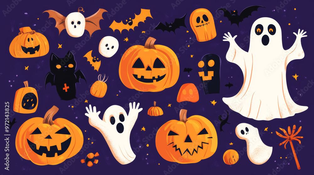 Check out our adorable collection of Halloween-themed elements for your decorations and prints. Featuring cute ghosts, pumpkins, bats, candy, cats, skulls, spiders, graves, and zombie hands—perfect fo Check out our adorable collection of Halloween-themed elements for your decorations and prints. Featuring cute ghosts, pumpkins, bats, candy, cats, skulls, spiders, graves, and zombie hands—perfect fo