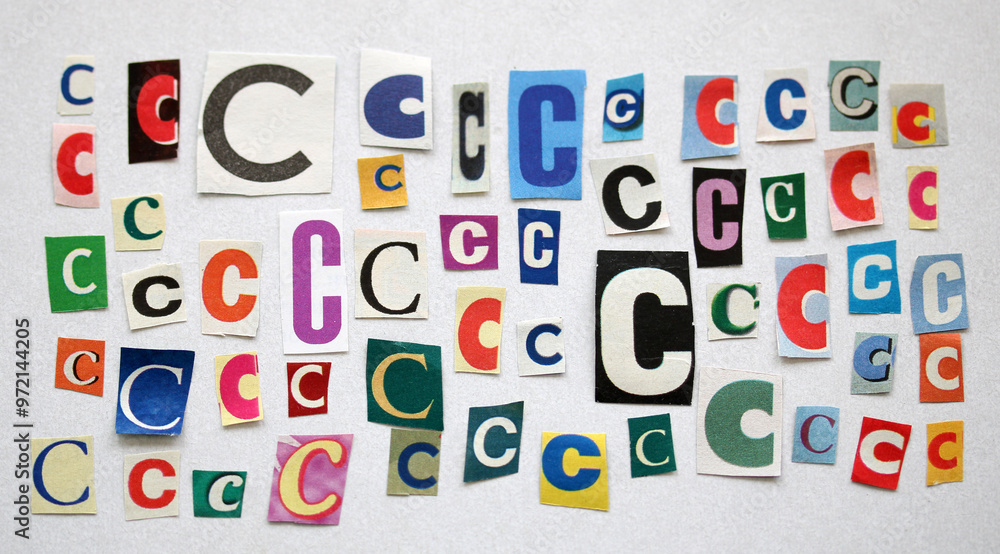 The letter C. set of letters cut out of paper magazines and newspapers in different sizes and fonts. white background. The letter C. set of letters cut out of paper magazines and newspapers in different sizes and fonts. white background.