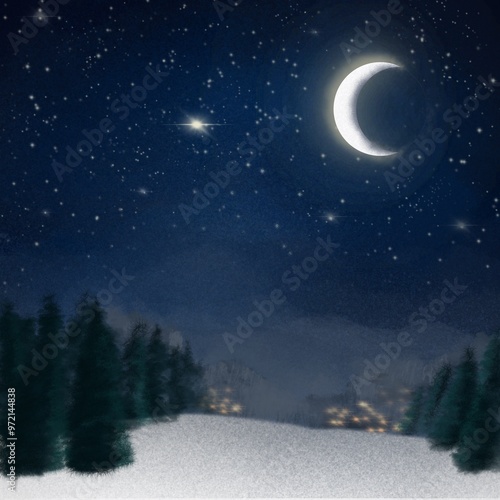 Christmas snowy night landscape photo