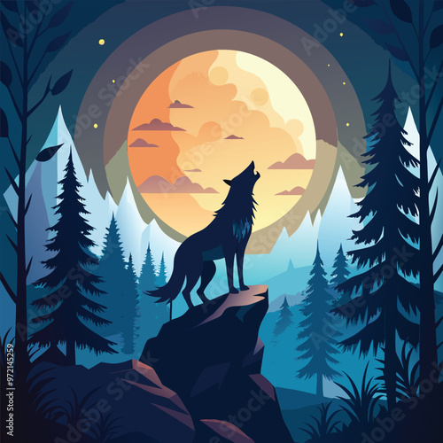 A wolf howling at a full moon on top of mountain in the forest at night vector illustrator 