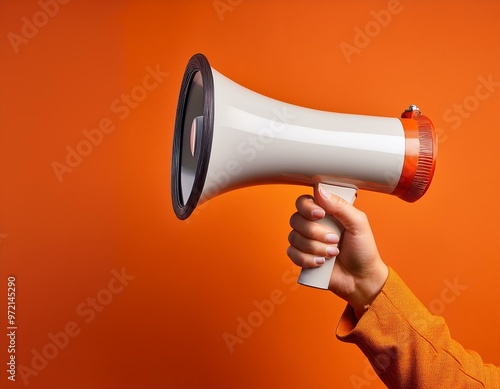 Una mano sosteniendo un megáfono, sobre un fondo naranja; anuncios, ventas photo