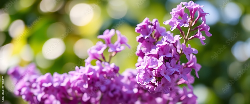 Fototapeta premium Beautiful lilac blossoms in full bloom against a bokeh background during a sunny spring afternoon in a garden