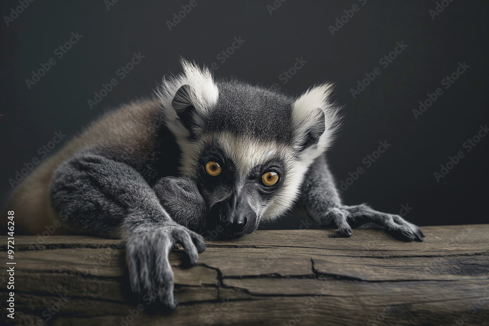 Naklejka premium A close-up image of a lemur resting on a wooden log. The lemur has striking yellow eyes. The background is dark. Concept of wildlife, Madagascar nature