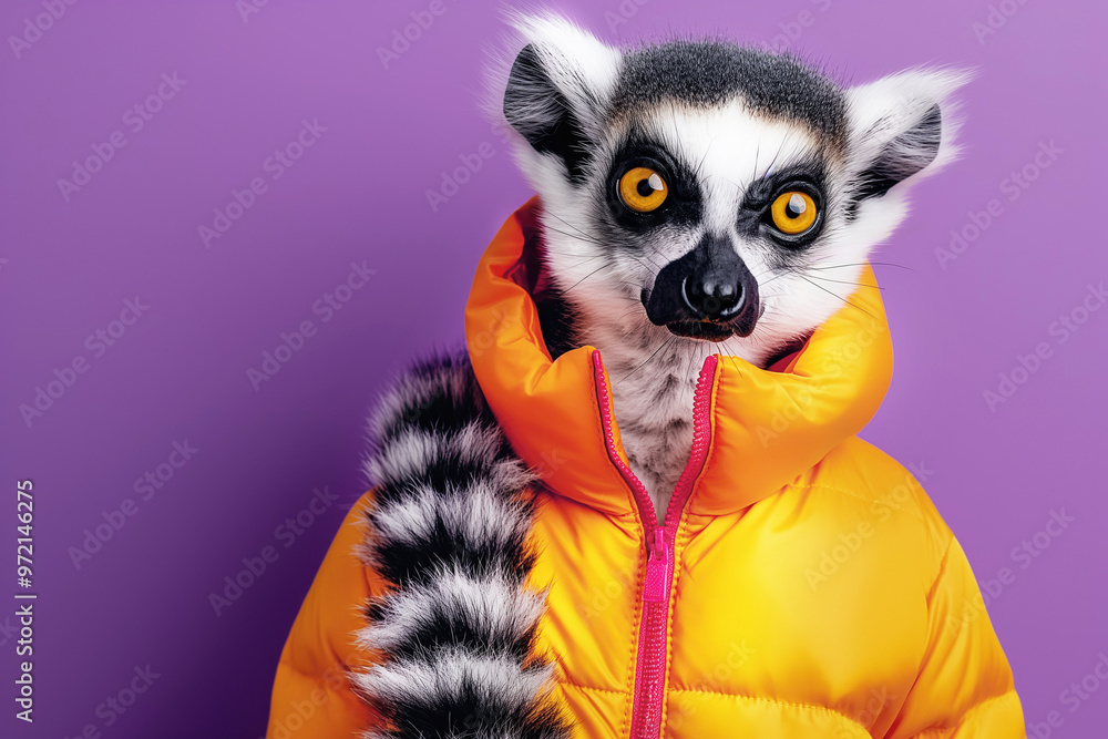Fototapeta premium A lemur in an yellow jacket stands against a purple background, creating a humorous and whimsical scene. Concept of animal fashion, humor, funny character