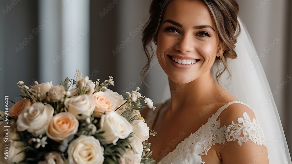 Naklejka premium A smiling bride in a wedding gown holding a bouquet