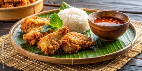 Crunchy golden fried chicken paired with fluffy sticky rice, served with a sweet and tangy dipping sauce. photo