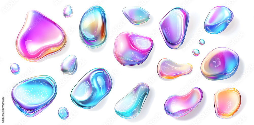 3d iridescent holographic liquid bubbles set isolated on white background 3d iridescent holographic liquid bubbles set isolated on white background