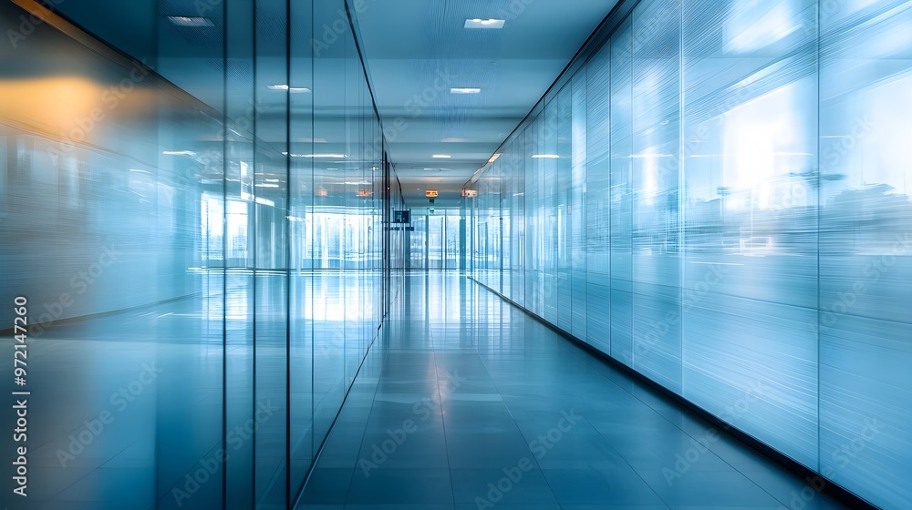 A Modern Office Corridor with Glass Walls and a Reflective Floor A Modern Office Corridor with Glass Walls and a Reflective Floor