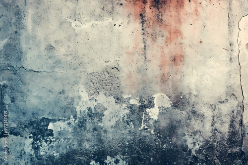 Distressed Concrete Texture: A weathered and textured concrete wall with hints of blue, gray, and red, showcasing the raw beauty of time and wear. Perfect for industrial, urban, and grunge design proj photo