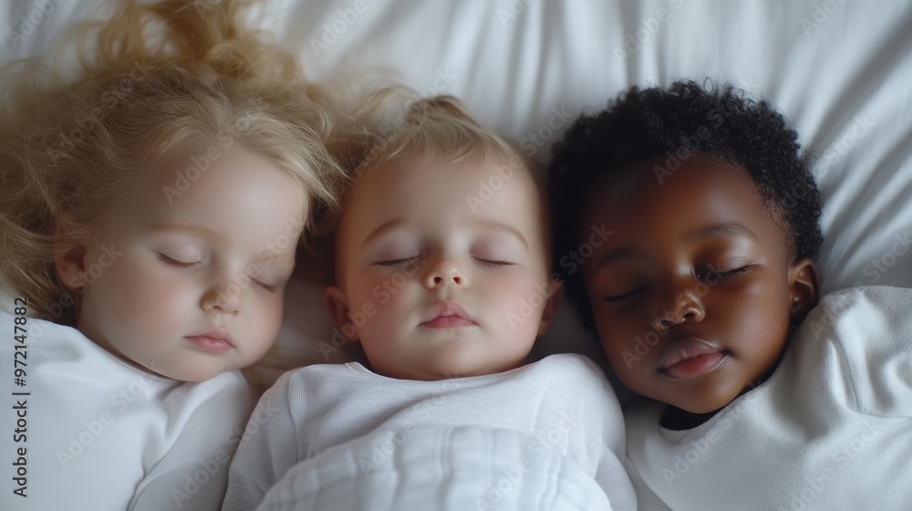 Three children are sleeping on a bed together Three children are sleeping on a bed together