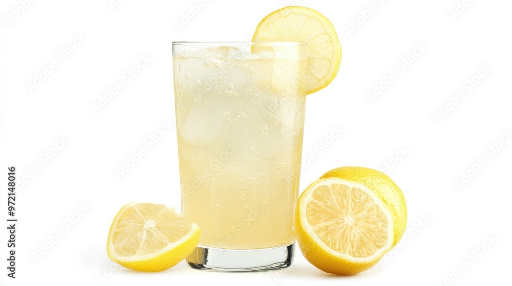 A refreshing glass of iced lemonade with a slice of lemon on the rim, isolated on a white background A refreshing glass of iced lemonade with a slice of lemon on the rim, isolated on a white background