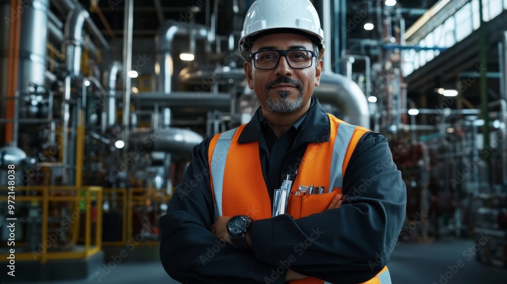 Portrait of a confident oil refinery manager standing at industrial plant. Portrait of a confident oil refinery manager standing at industrial plant.
