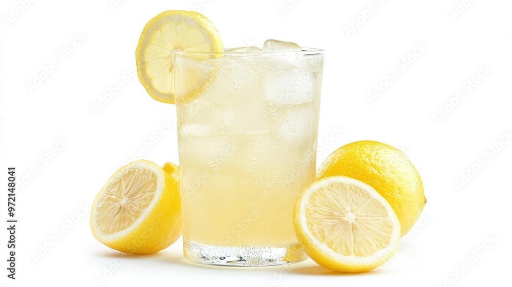 A refreshing glass of iced lemonade with a slice of lemon on the rim, isolated on a white background A refreshing glass of iced lemonade with a slice of lemon on the rim, isolated on a white background