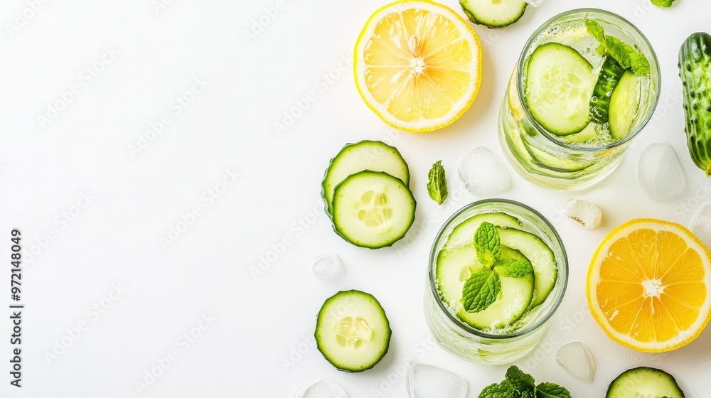 A refreshing detox water with slices of lemon, cucumber, and mint, placed on a white background A refreshing detox water with slices of lemon, cucumber, and mint, placed on a white background