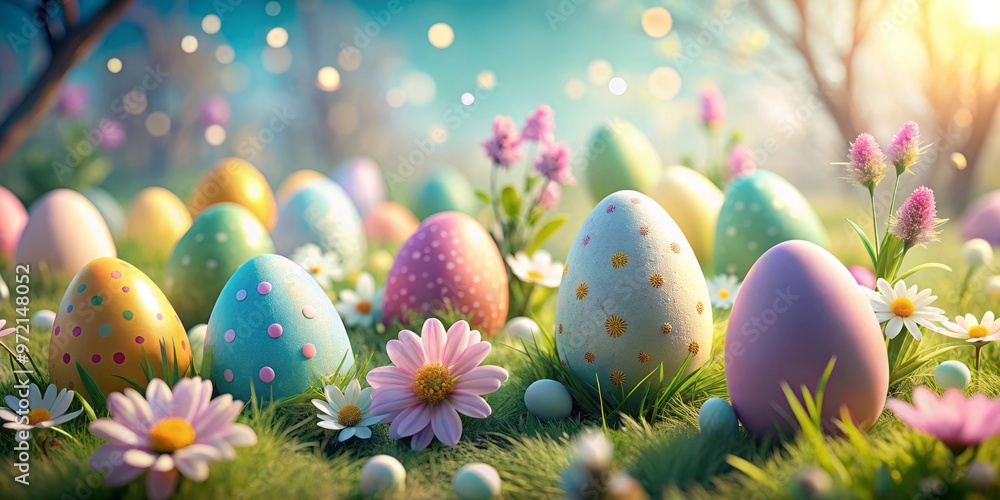 Delicate pastel eggs add a touch of whimsy to a lively springtime setting, spreading joy and mirth. Delicate pastel eggs add a touch of whimsy to a lively springtime setting, spreading joy and mirth.