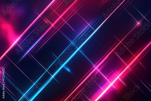 Neon Grid: A captivating abstract background featuring a dynamic grid of vibrant pink and blue neon lines intersecting against a deep black backdrop. The lines create a mesmerizing pattern of light an