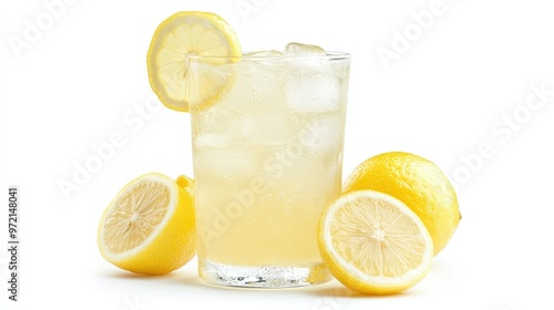 A refreshing glass of iced lemonade with a slice of lemon on the rim, isolated on a white background