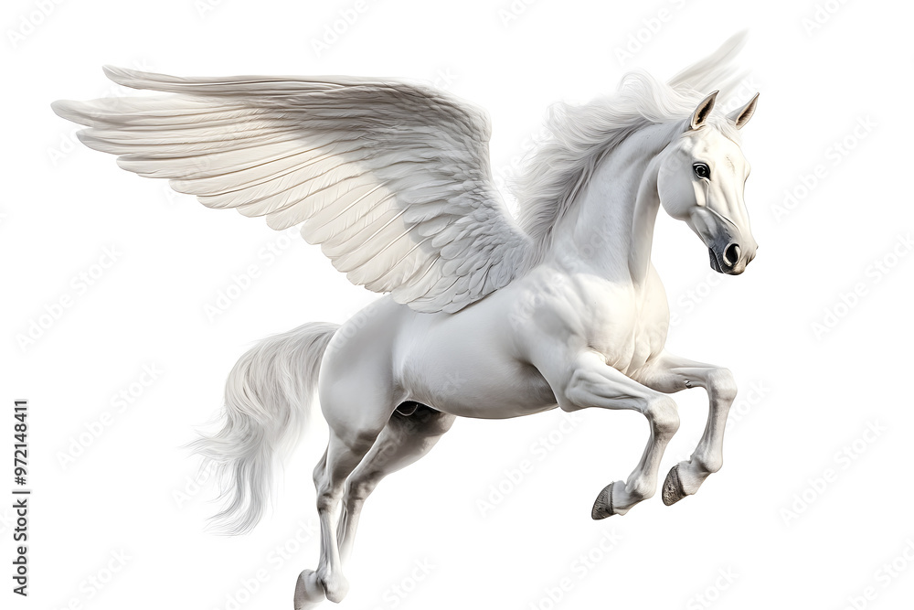Realistic Illustration of white pegasus horse, phantasy animal isolated on white background
Realistic Illustration of white pegasus horse, phantasy animal isolated on white background