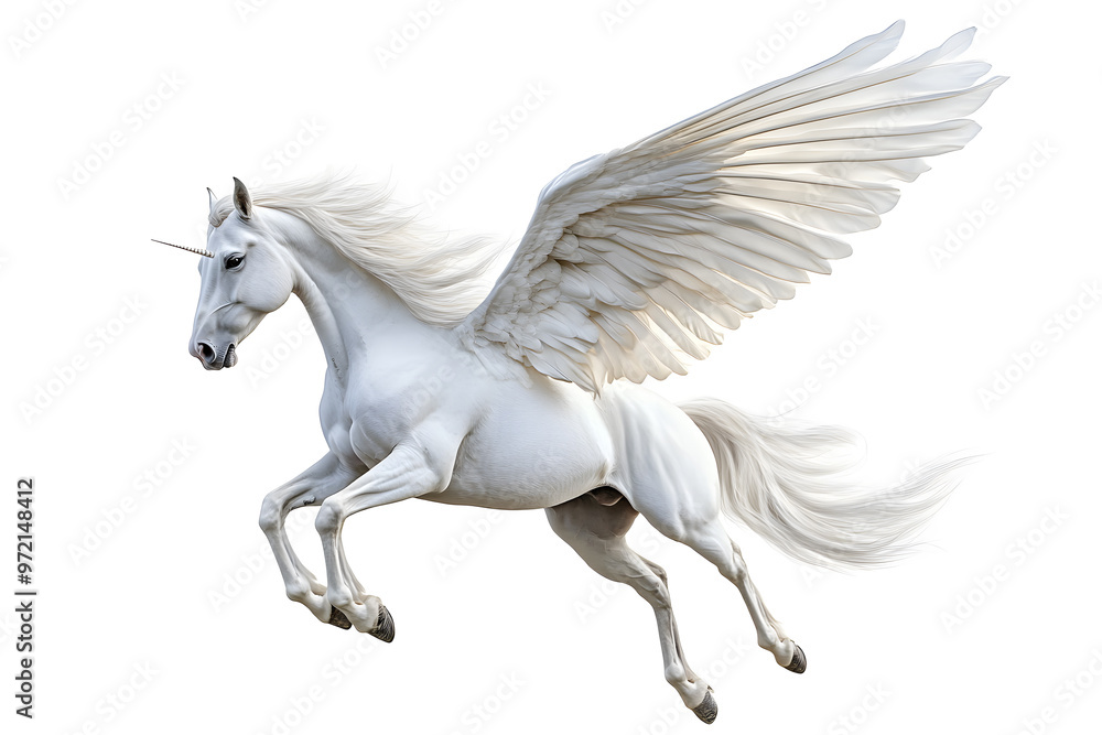 Realistic Illustration of white pegasus horse, phantasy animal isolated on white background
Realistic Illustration of white pegasus horse, phantasy animal isolated on white background