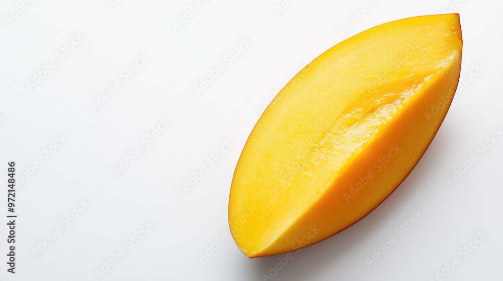 A slice of ripe mango with its golden-yellow flesh and smooth texture, displayed on a simple white background A slice of ripe mango with its golden-yellow flesh and smooth texture, displayed on a simple white background
