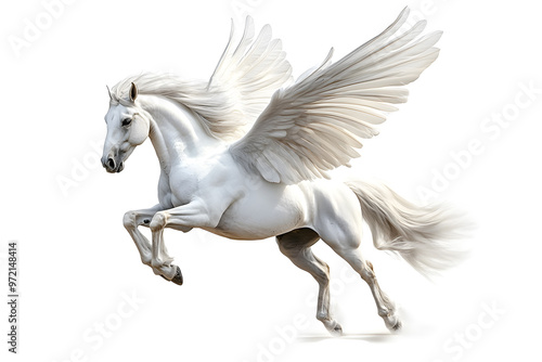 Realistic Illustration of white pegasus horse, phantasy animal isolated on white background 