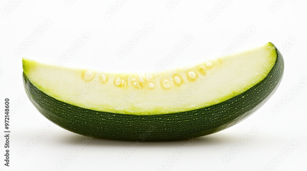 A slice of zucchini with its green skin and tender flesh, set against a white background for a crisp and clean look A slice of zucchini with its green skin and tender flesh, set against a white background for a crisp and clean look