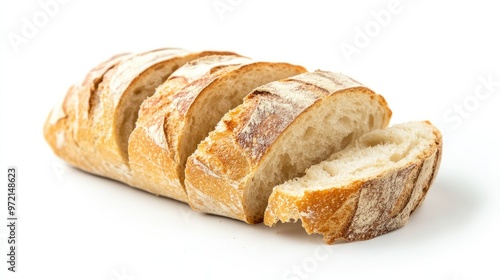 A sliced baguette with visible crumb and texture, isolated on a bright white background