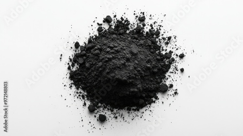 A small, precise pile of charcoal powder placed centrally on a white backdrop, highlighting its rich, black color and fine grain photo