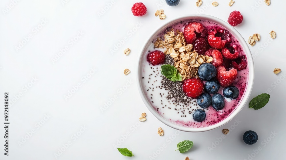 A smoothie bowl with fresh berries, chia seeds, and granola, placed on a plain white background, perfect for wellness visuals A smoothie bowl with fresh berries, chia seeds, and granola, placed on a plain white background, perfect for wellness visuals