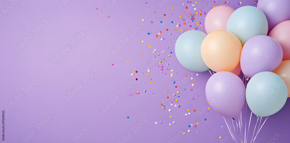 Pastel Balloons with Confetti on a Purple Background with copy space Pastel Balloons with Confetti on a Purple Background with copy space
