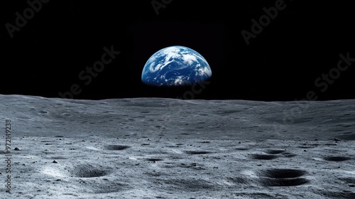 A stunning view of Earth from the moon's surface, with the planet's blue oceans and white clouds visible against the black void of space.